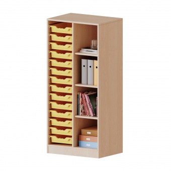 ErgoTray Regal, 2reihig, 4 OH, rechts 4 Fächer links 14 flache Boxen, B/H/T 70,3x154x50cm 